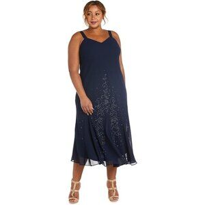 R&M Richards Beaded Slip Chiffon Dress Size 16 Navy Blue